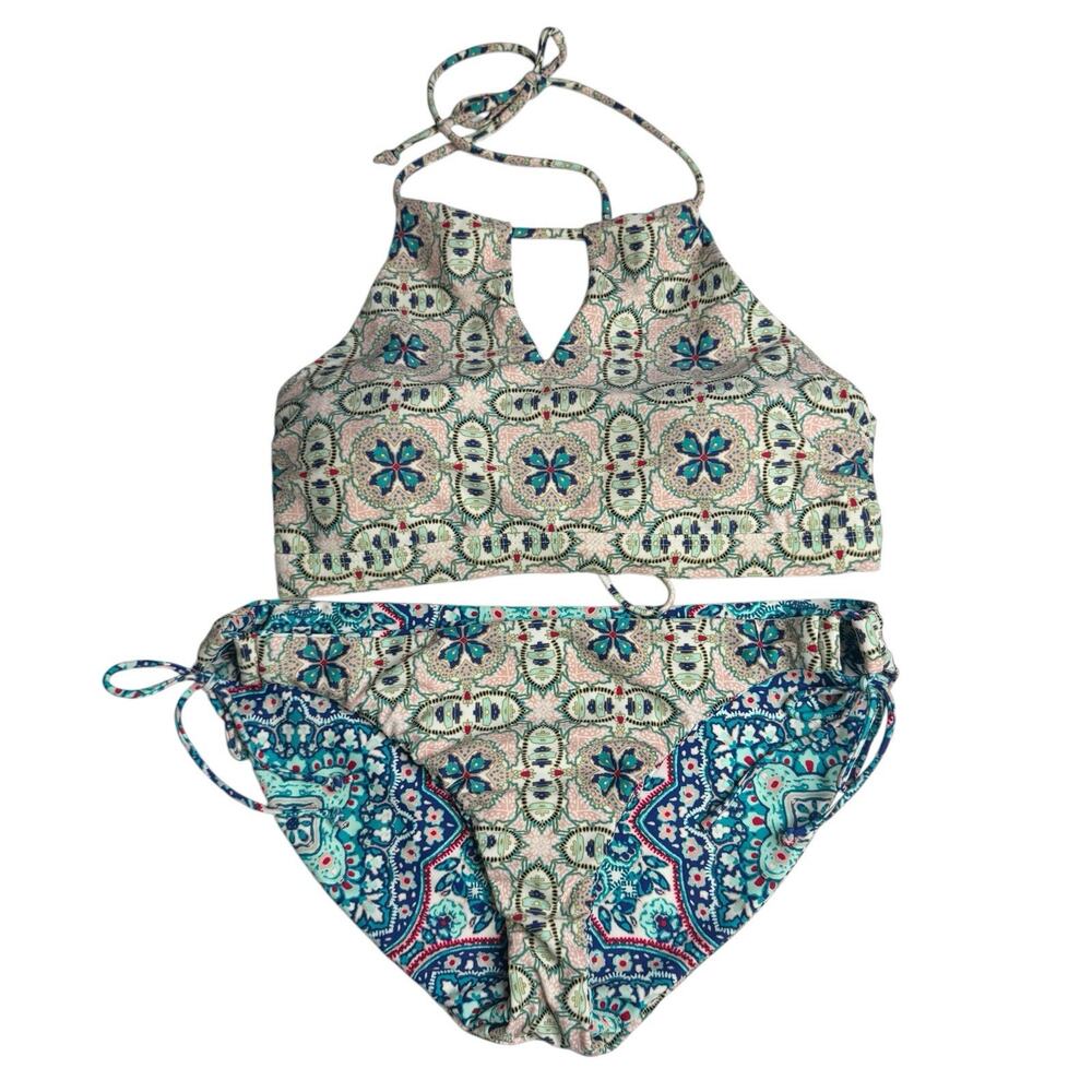 ATHLETA Women Medium Blue white halter Side tie 2 piece Bikini swimsuit